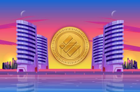 Image of binance usd-busd cryptocurrency on city background at sunset. 3d illustrations.