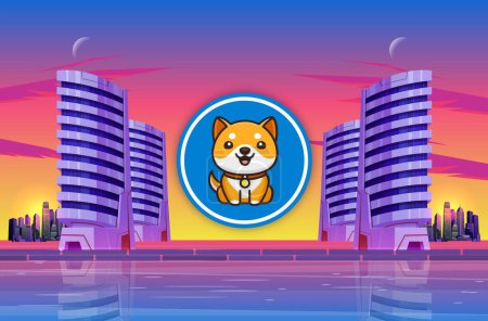 Photo for Image of baby doge cryptocurrency on city background at sunset. 3d illustrations. - Royalty Free Image