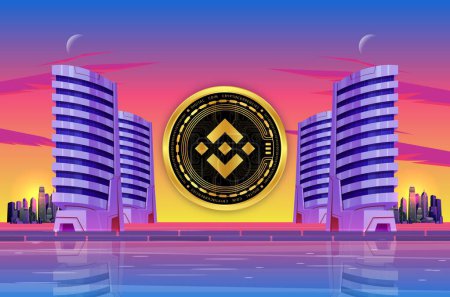 Image of binance-bnb cryptocurrency on city background at sunset. 3d illustrations.