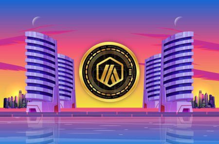 Image of arbitrum-arb cryptocurrency on city background at sunset. 3d illustrations.