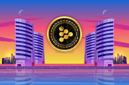 Image of iexec-rlc cryptocurrency on city background at sunset. 3d illustrations.