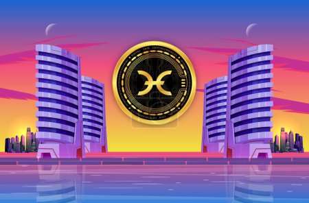 Image of holo cryptocurrency on city background at sunset. 3d illustrations.