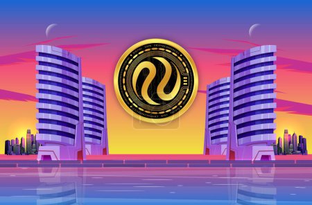 Photo for Image of injective protocol-inj cryptocurrency on city background at sunset. 3d illustrations. - Royalty Free Image