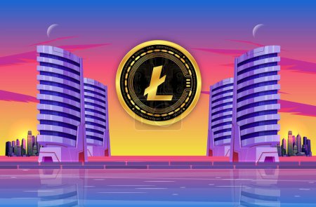 Image of litecoin-ltc cryptocurrency on city background at sunset. 3d illustrations.