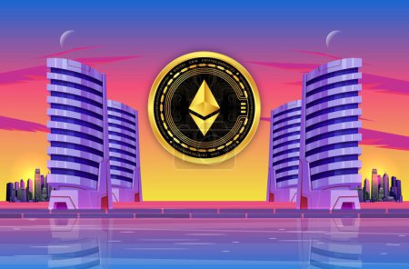 Photo for Image of ethereum-eth cryptocurrency on city background at sunset. 3d illustrations. - Royalty Free Image
