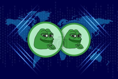 Bilder des Pepe-Logos auf digitalem Hintergrund. 3D-Abbildungen.