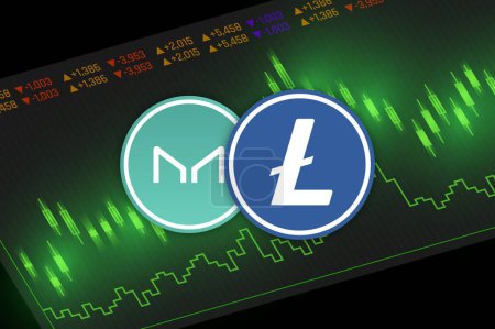 litecoin-ltc and maker-mkr virtual currency logo. 3d illustrations.