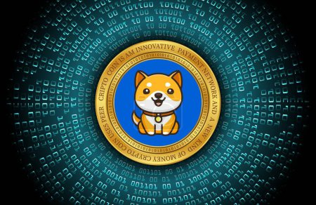 Baby Doge virtuelle Währung Logo auf bunten Lichtern Hintergrund. 3D-Illustration