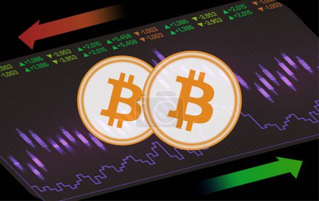 Bilder des Bitcoin-btc-Logos auf einem digitalen Hintergrund. 3D-Abbildungen.
