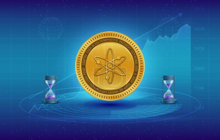 Images of cosmos-atom cryptocurrency on digital background. 3d illustrations.