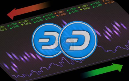 image of dash virtual currency on digital background. 3D drawings.