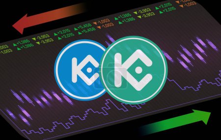 kucoin-kcs Kryptowährungsbilder auf digitalem Hintergrund. 3D-Abbildungen.