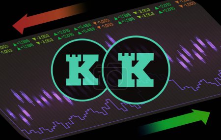 Images of kucoin-kcs virtual currency on digital background. 3d illustrations.