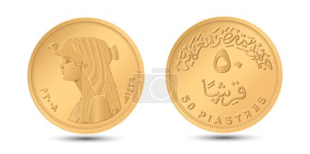 50 piastres. Reverse and obverse of Egyptian fifty piastres coin in vector illustration.