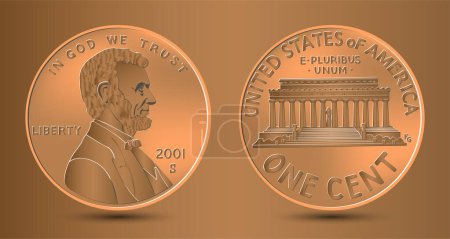 Illustration for United States one cent or penny, coin with President Abraham Lincoln on obverse and Lincoln Memorial on reverse. American money, Lincoln Memorial. Vector. - Royalty Free Image