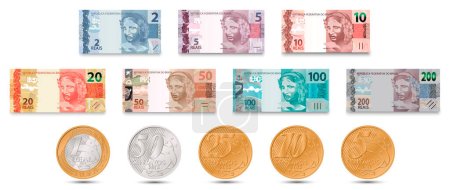Zestaw banknotów brazylijskich i monet brazylijskich. Brazylijskie pieniądze. Brazylijskie prawdziwe. Ilustracja wektora.