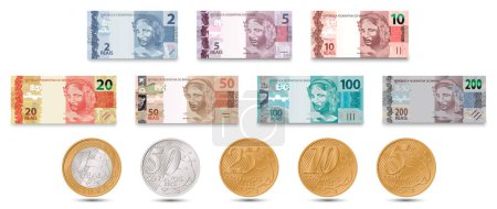 Conjunto de billetes brasileños y monedas brasileñas. Dinero brasileño. Real brasileño. Ilustración vectorial.