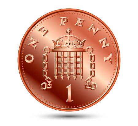 Eine britische Bronzemünze mit Portemonnaie und Krone auf weißem Hintergrund. Vektorillustration.