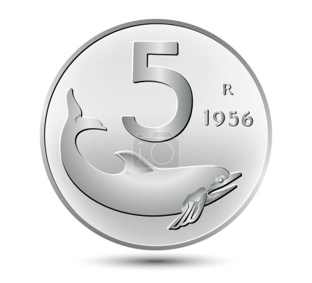 Ilustración de 5 liras italianas con la imagen de un delfín aislado sobre fondo blanco. Ilustración vectorial. - Imagen libre de derechos