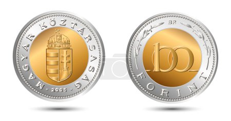 Ilustración de Reverso y anverso de la moneda húngara, cien florines, aislados en fondo blanco. Ilustración vectorial. - Imagen libre de derechos