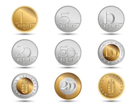 Ilustración de Conjunto de monedas de Hungría, aisladas en fondo blanco. Ilustración vectorial. - Imagen libre de derechos