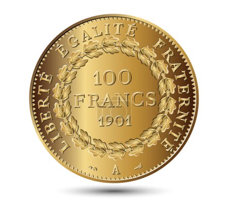 Illustration for French Gold 100 Francs coin, isolated on a white background. Vector illustration. - Royalty Free Image