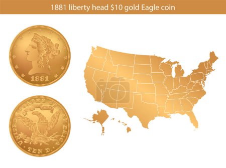Téléchargez les illustrations : 1881 Année Aigle 10 $US pièce d'or. Illustration vectorielle isolée sur le fond d'une carte des USA. - en licence libre de droit
