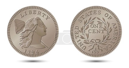Téléchargez les illustrations : 1 Cent "Liberty Cap Cent" - États-Unis, 1787, première monnaie fédérale. Illustration vectorielle. - en licence libre de droit
