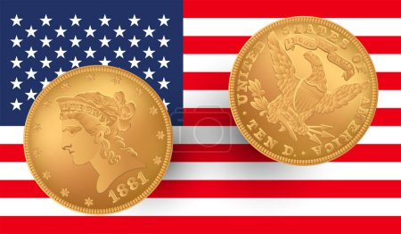 Téléchargez les illustrations : Pièce d'or 1881. 1881 Année Aigle 10 $US Pièces d'or avec le drapeau des États-Unis. - en licence libre de droit