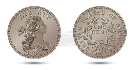 Ilustración de Vector de dinero americano, moneda de un centavo, 1796-1807. Cabeza clásica céntimo grande. Ilustración vectorial. - Imagen libre de derechos