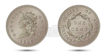 Vector American money, one cent coin, 1808-1814. Tête classique grand cent. Illustration vectorielle.