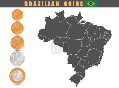 Illustration for Set of Brazilian coins with Brazilian map. Vector illustration. - Royalty Free Image