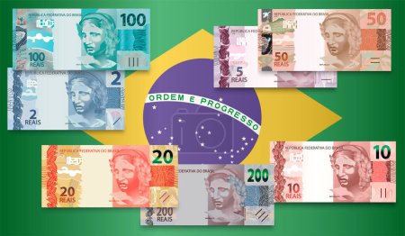 Set of Brazilian real banknotes with Brazilian flag. Vector illustration.