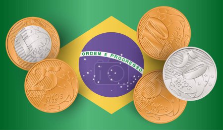 Téléchargez les illustrations : Ensemble de pièces brésiliennes avec drapeau brésilien. Illustration vectorielle. - en licence libre de droit