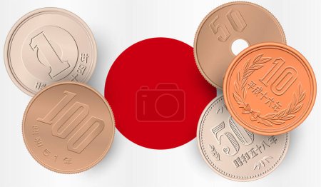 Set de monedas japonesas de con bandera de Japón. Ilustración vectorial.