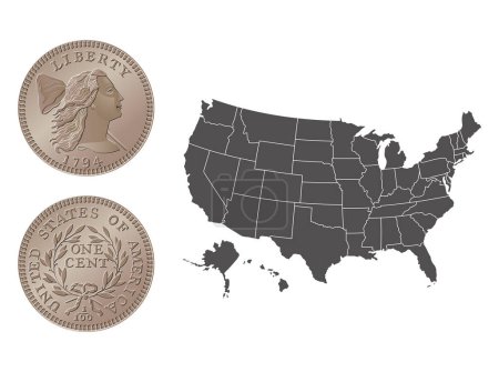 Vektor amerikanisches Geld, 1-Cent-Münze, 1793-1795. Vektor-Illustration isoliert auf dem Hintergrund einer Landkarte der USA.