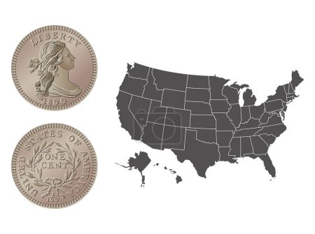 Ilustración de Vector de dinero americano, moneda de un centavo, 1796-1807. Ilustración vectorial aislada en el fondo de un mapa de los EE.UU.. - Imagen libre de derechos