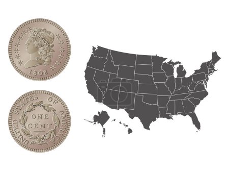 Vektor amerikanisches Geld, 1-Cent-Münze, 1808-1814. Vektor-Illustration isoliert auf dem Hintergrund einer Landkarte der USA.