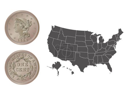 Vektor amerikanisches Geld, 1-Cent-Münze, 1840-1857. Vektor-Illustration isoliert auf dem Hintergrund einer Landkarte der USA.
