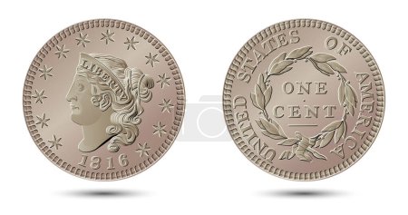 Vector de dinero americano, moneda de un centavo, 1816-1839. Ilustración vectorial.