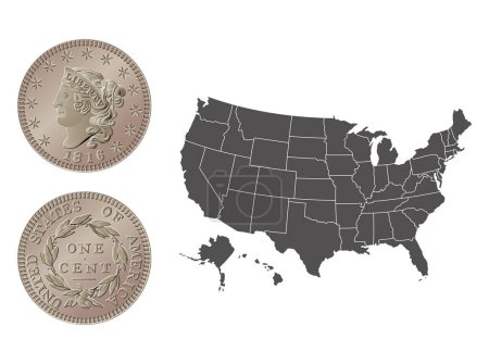 Vector American money, one cent coin, 1816-1839. Illustration vectorielle isolée sur le fond d'une carte des USA.