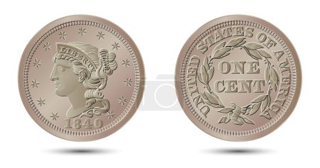 Vector de dinero americano, moneda de un centavo, 1840-1857. Ilustración vectorial.