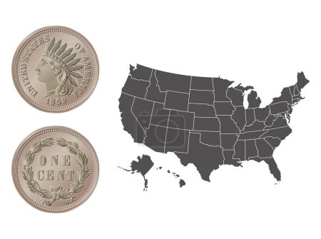 Vector American money, one cent coin, 1859. Illustration vectorielle isolée sur le fond d'une carte des USA.