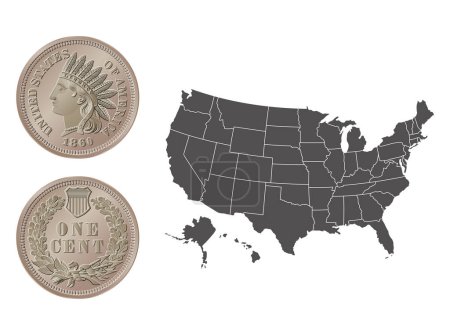Vector de dinero americano, moneda de un centavo, 1860. Ilustración vectorial aislada en el fondo de un mapa de los EE.UU..