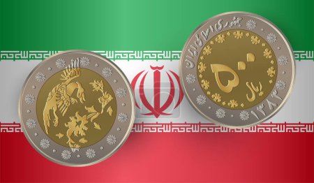 Téléchargez les illustrations : Pièce de 500 rials iraniens avec le drapeau iranien en arrière-plan. Illustration vectorielle. - en licence libre de droit