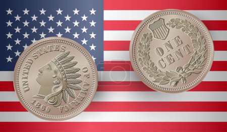 Vektor amerikanisches Geld, Ein-Cent-Münze, 1860. Vereinzelt mit der US-Flagge. Vektorillustration.