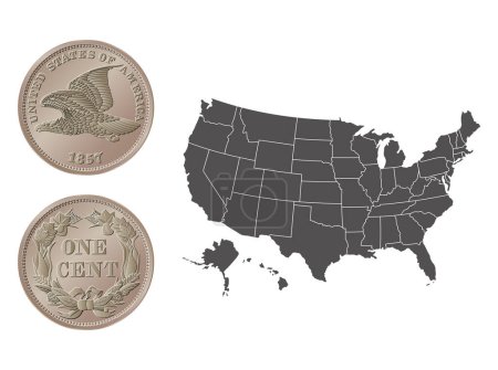 Vector de dinero americano, moneda de un centavo, 1857. Ilustración vectorial aislada en el fondo de un mapa de los EE.UU..
