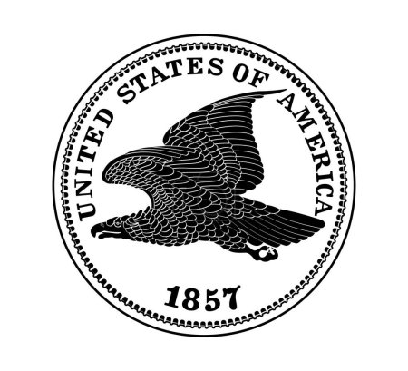 Vector de dinero americano, moneda de un centavo, 1857. La moneda está representada en blanco y negro. Ilustración vectorial.