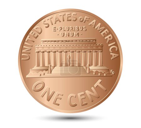 United States one cent or penny, coin with Lincoln Memorial on reverse. American money, Lincoln Memorial. Vector.