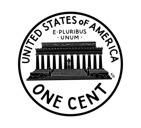 United States one cent or penny, coin with Lincoln Memorial on reverse. The coin is depicted in black and white. Vector illustration.